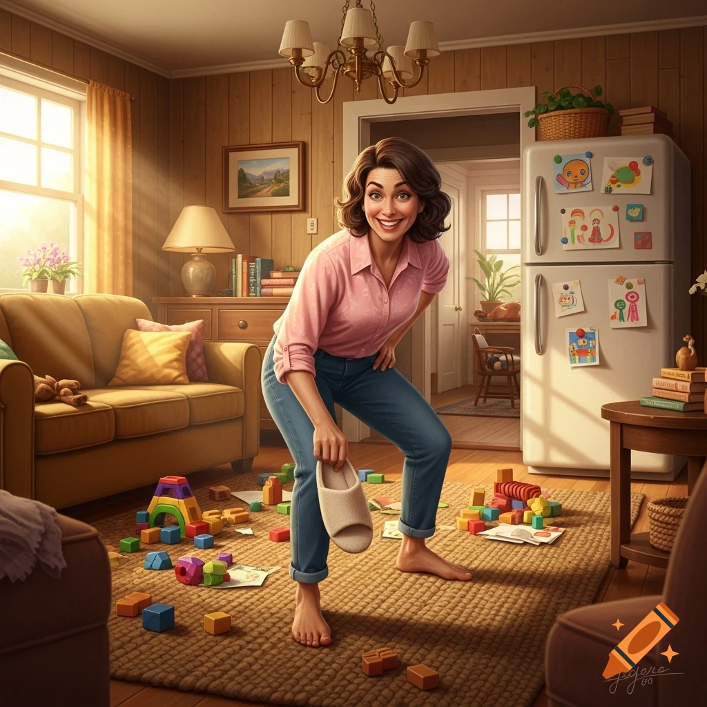 A cartoonish smiling woman in a pink shirt and jeans holds a slipper while standing barefoot in a toy-filled living room.