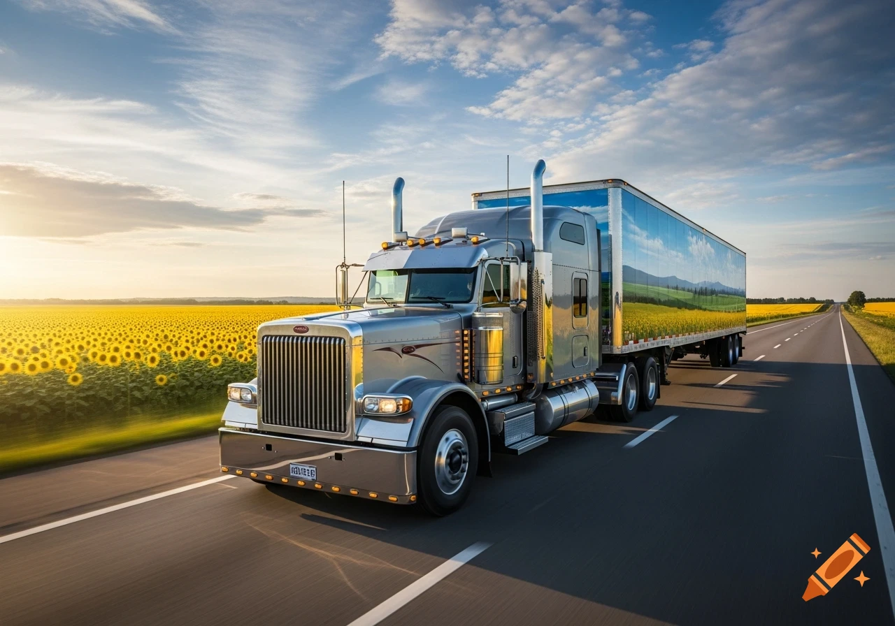 A silver semi-truck with a blue trailer drives down a highway alongside a vibrant field of yellow sunflowers under a partially cloudy sky at sunset.