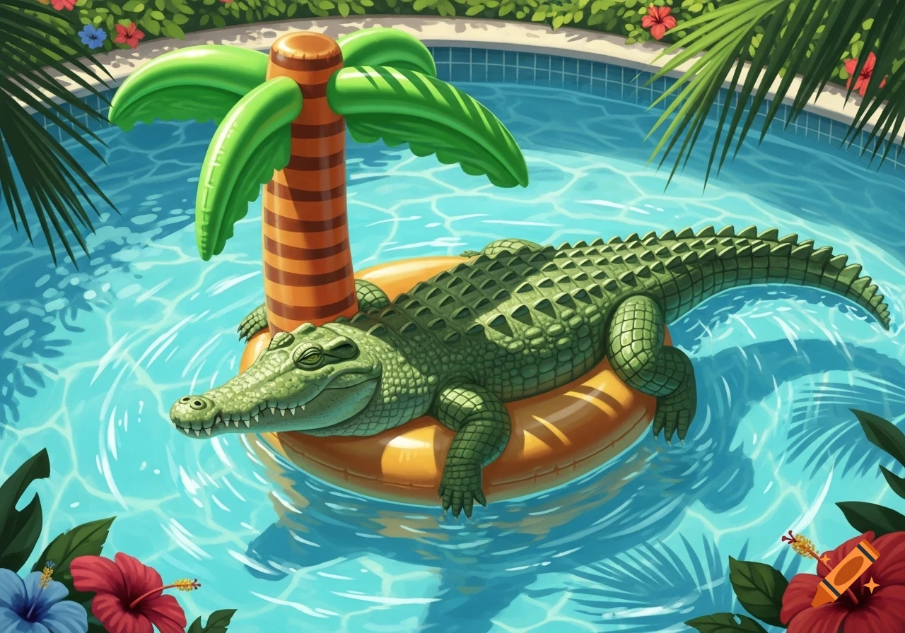 A cartoon alligator floats in a swimming pool on a palm tree-shaped inflatable raft, surrounded by tropical foliage.
