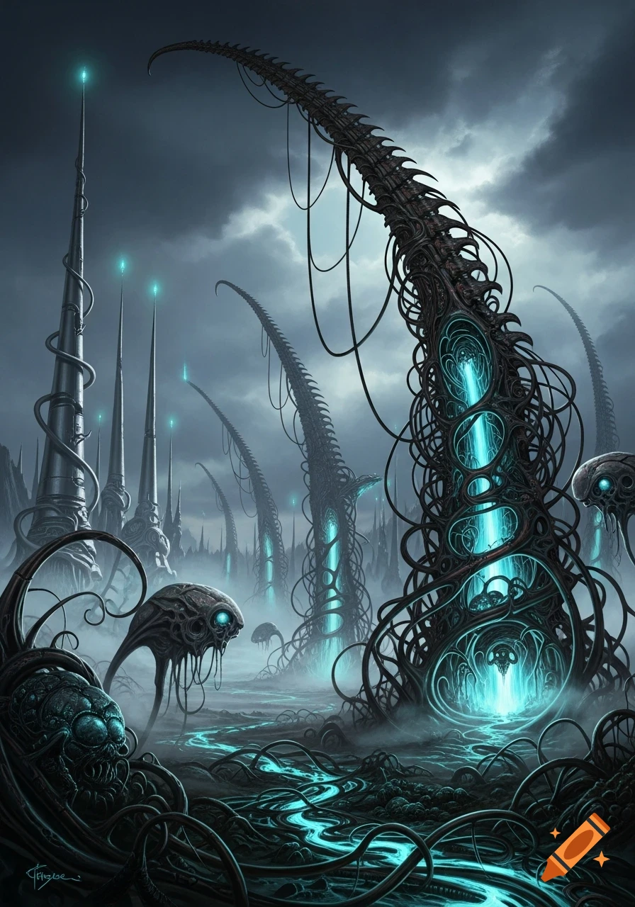 Dark, HR Giger-style alien landscape with tall glowing biomechanical structures and luminous blue streams through the terrain.