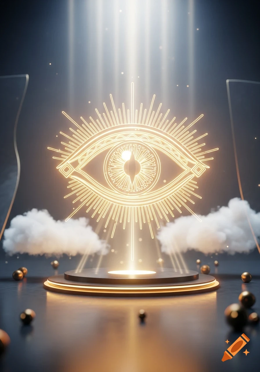 A glowing golden eye symbol with radiant light rays on a dark stage with clouds, in a digital art style.