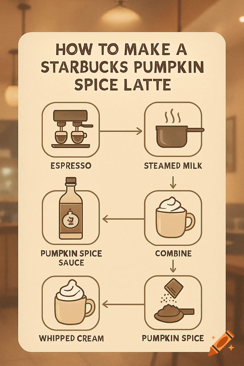 A calm, minimalist flow chart illustrating steps to make a Starbucks Pumpkin Spice Latte, using soft beige and warm brown tones and simple icons.
