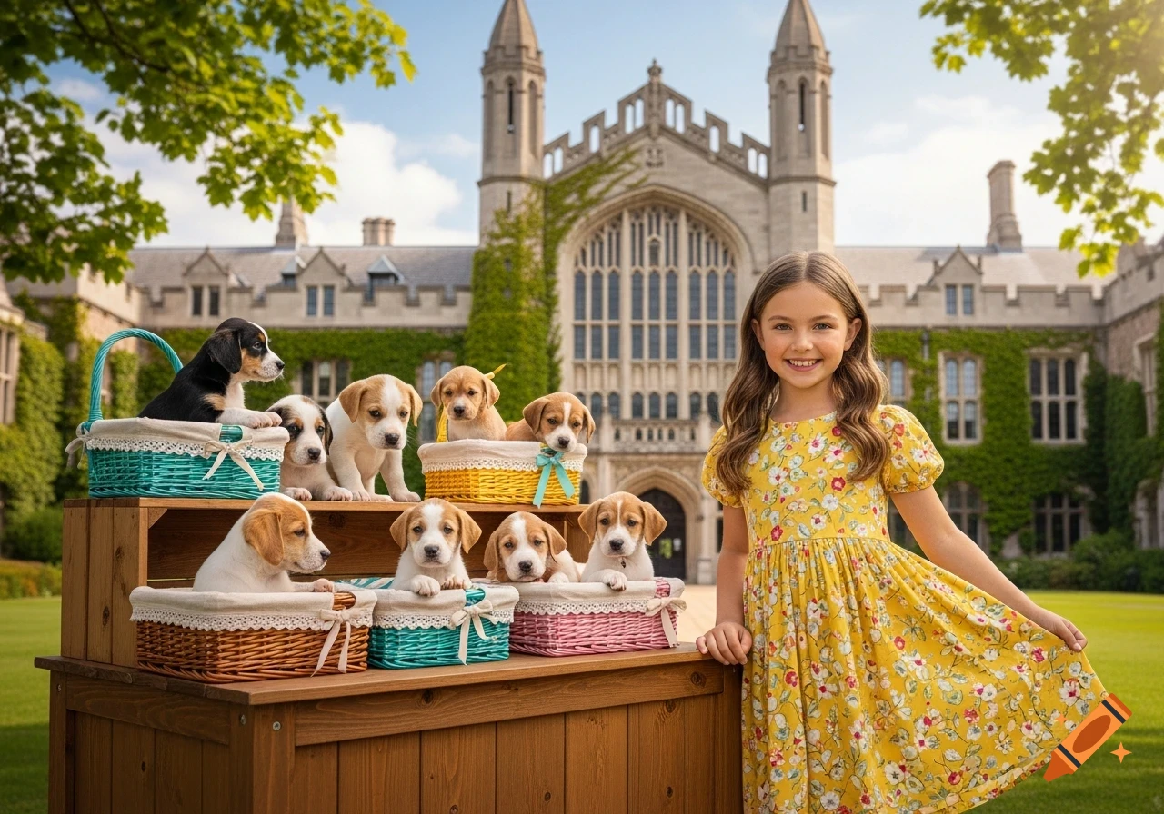 A smiling girl in a yellow floral dress stands next to a display of baskets filled with puppies, with a large university building behind them.