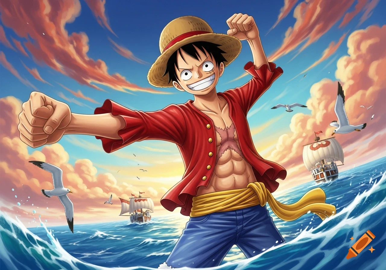 Anime illustration of Luffy from One Piece in a dynamic pose on rough seas, with ships and seagulls under a sunset sky.