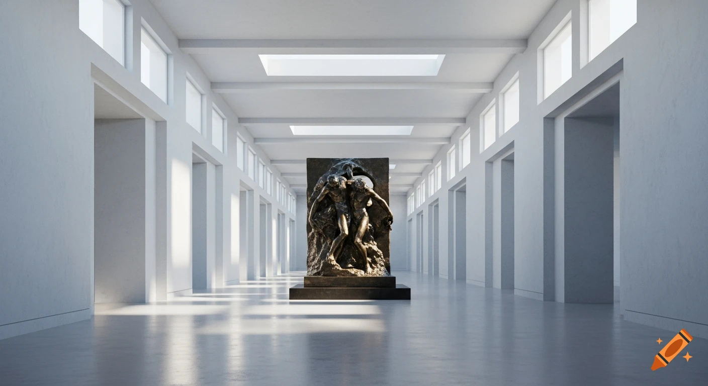A monumental bronze sculpture is centered in a brightly lit, minimalist museum corridor with white walls and a polished concrete floor.