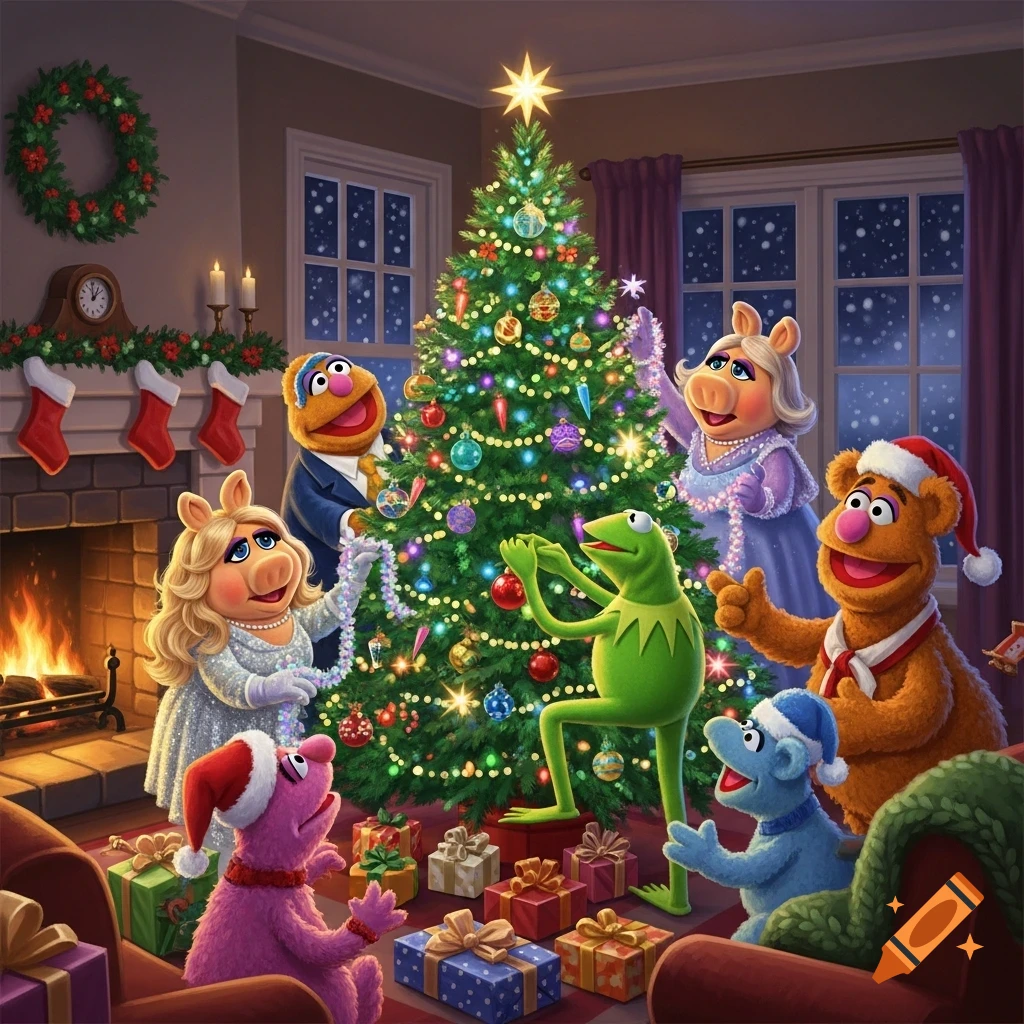 Colorful illustration of Muppets decorating a Christmas tree in a festive room with a fireplace, while snow falls outside.
