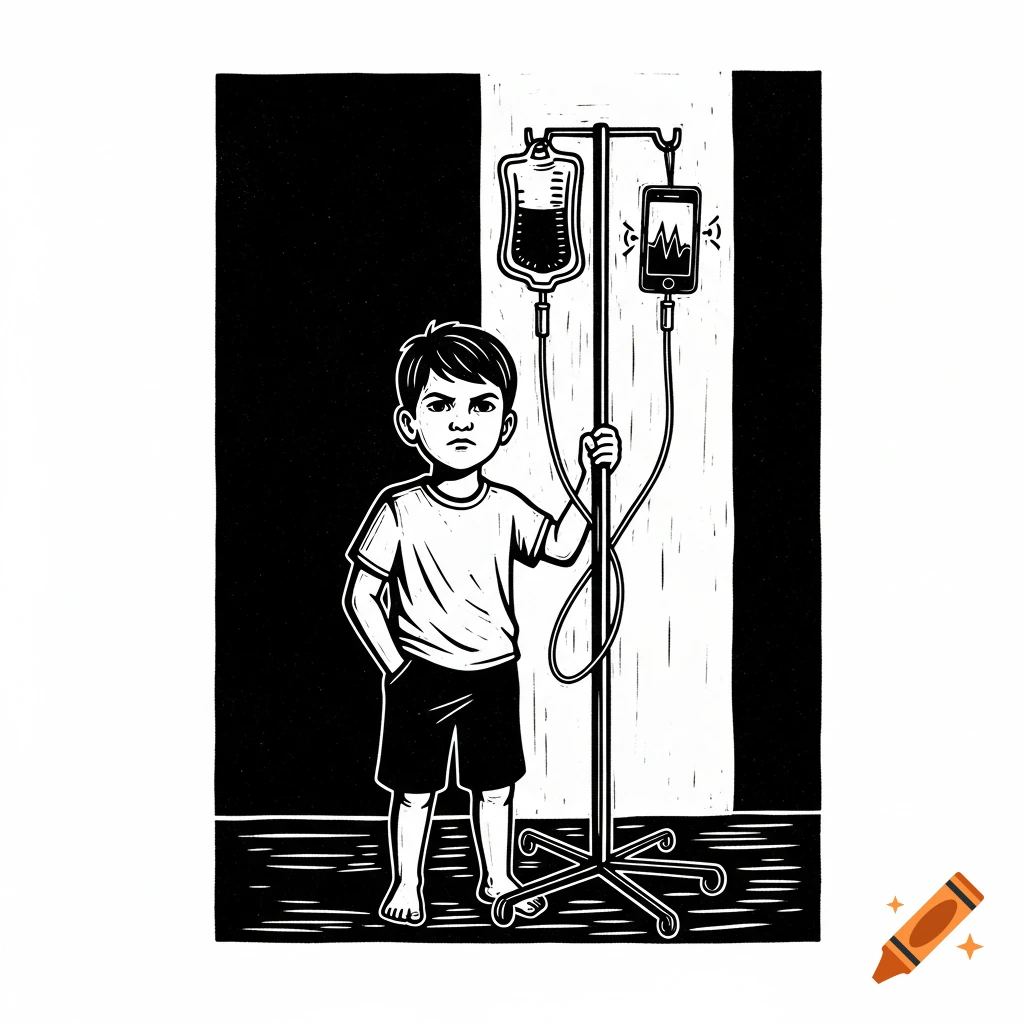 Monochrome linocut of a boy holding an IV pole with a mobile phone instead of a bag.