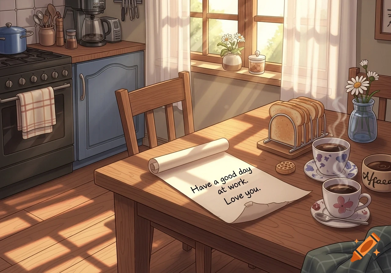 A warm, sunlit kitchen scene with breakfast laid out on a wooden table, featuring toast, coffee, and a note reading "Have a good day at work. Love you."