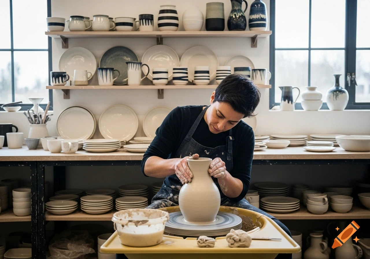 A photorealistic image of a potter forming a vase on a wheel in a workshop filled with shelves of various ceramic items.