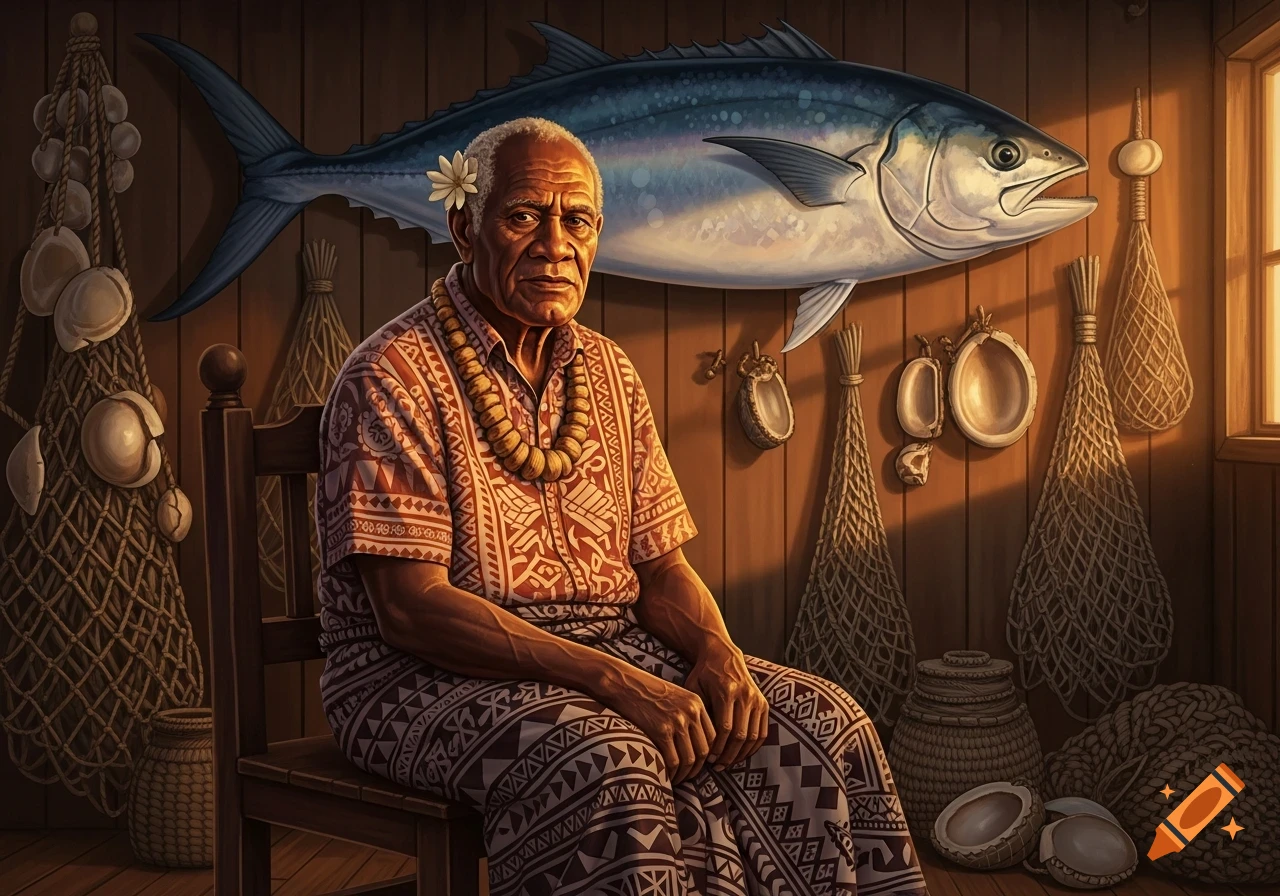 An old Tongan fisherman in traditional attire sits before a large mounted fish and fishing nets on a wooden wall.