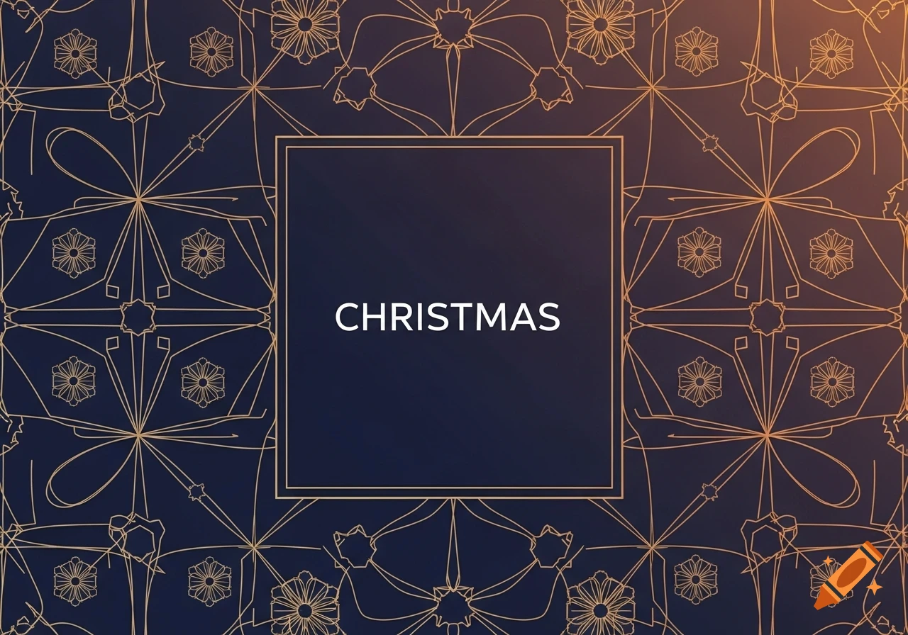 A blue and gold geometric Christmas pattern with the word 'CHRISTMAS' in a central rectangular frame.