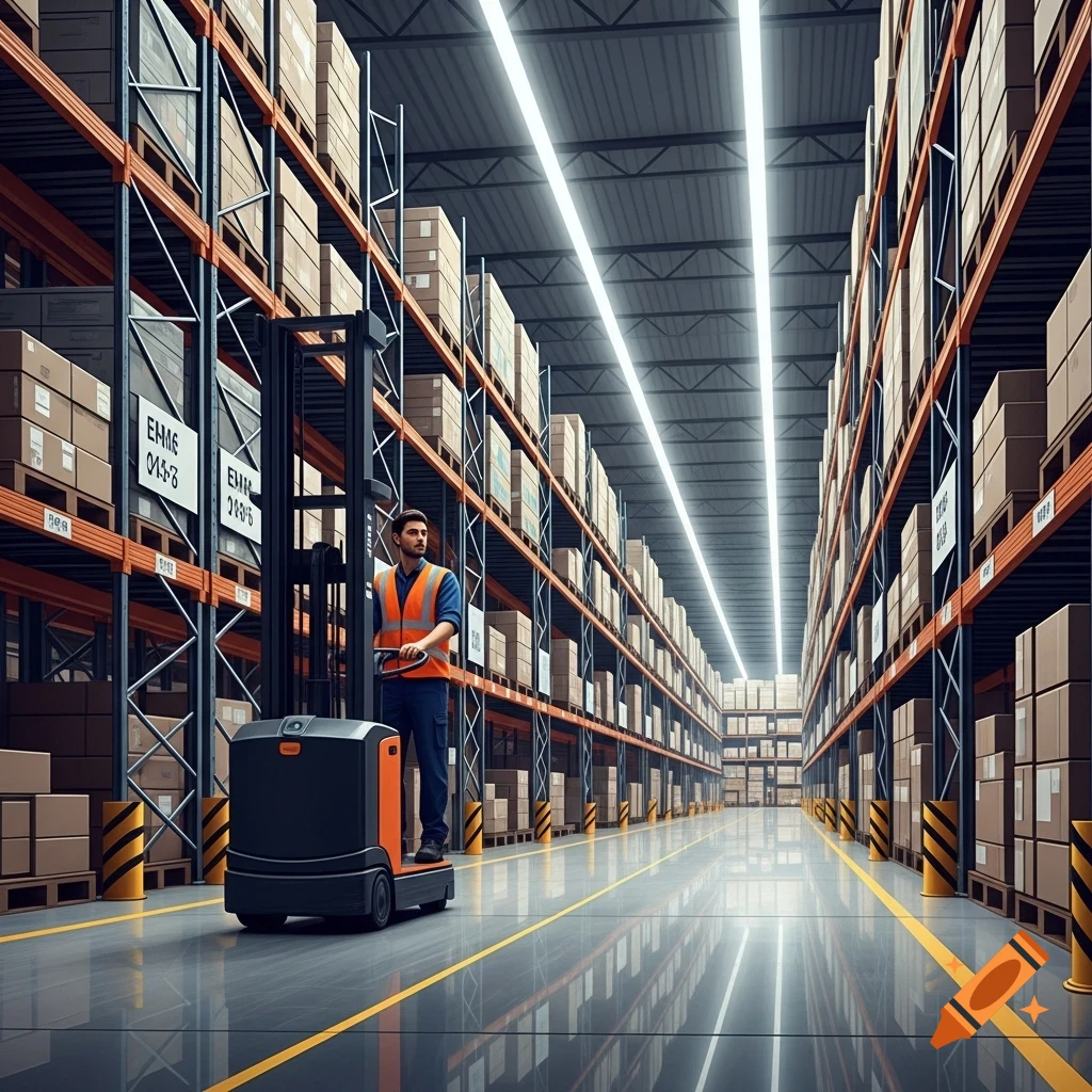 A man in an orange safety vest operates a pallet jack in a vast, modern warehouse filled with rows of shelves stacked with cardboard boxes.