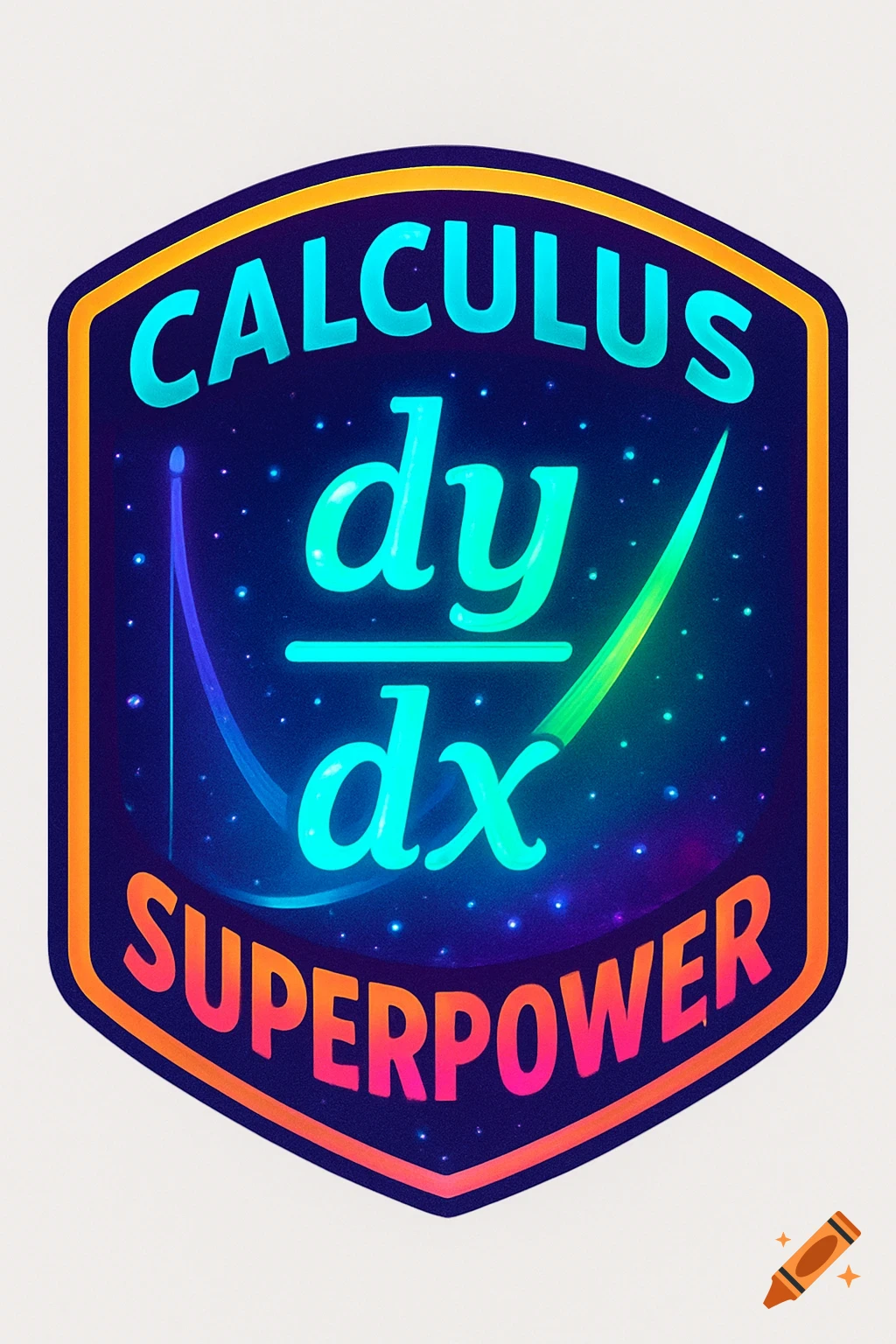 A colorful badge with 'CALCULUS dy/dx SUPERPOWER' text, set against a dark, starry background with a glowing parabola curve.
