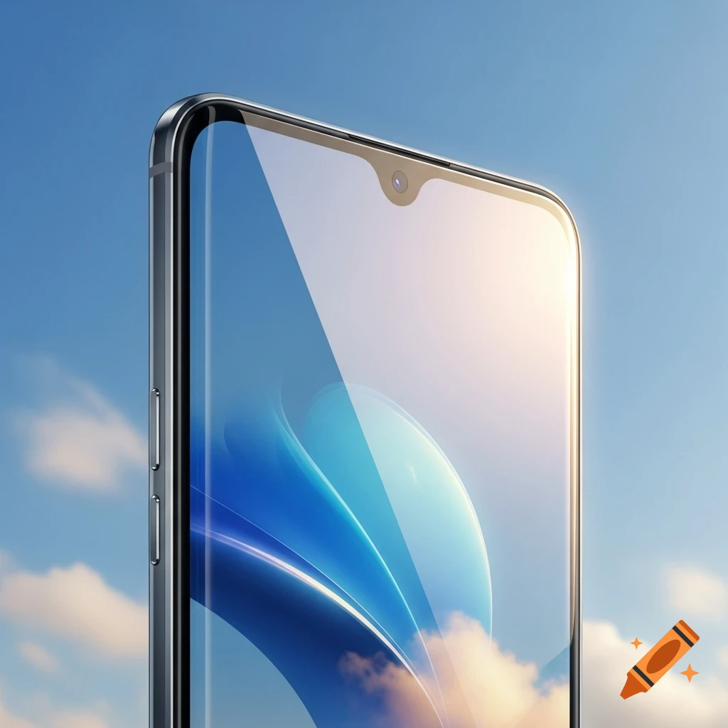 Close-up of a modern Android smartphone with a punch-hole camera, reflecting a blue sky and clouds, shown against a bright sky background.