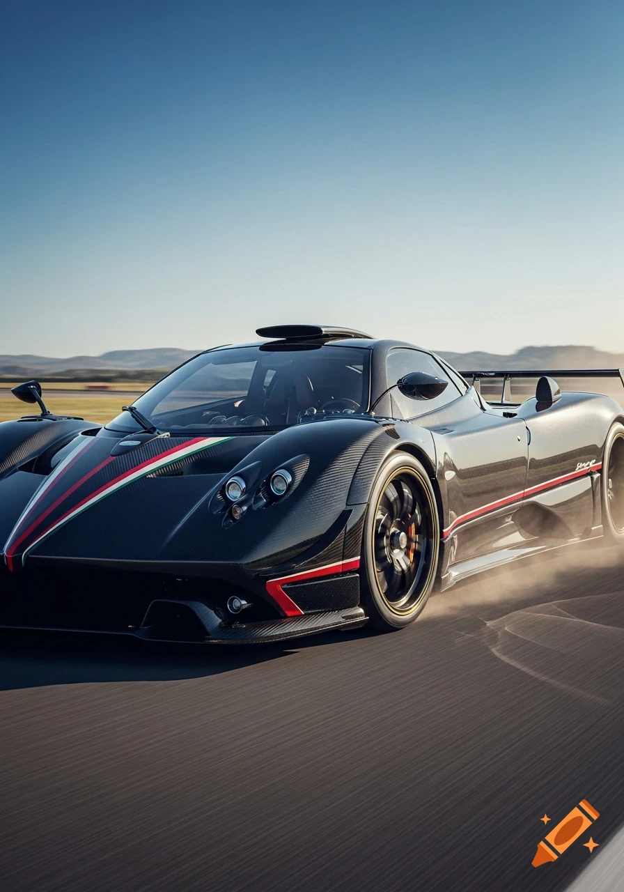 A black Pagani Zonda R sports car speeds on a track, kicking up dust under a clear sky. Photorealistic style.