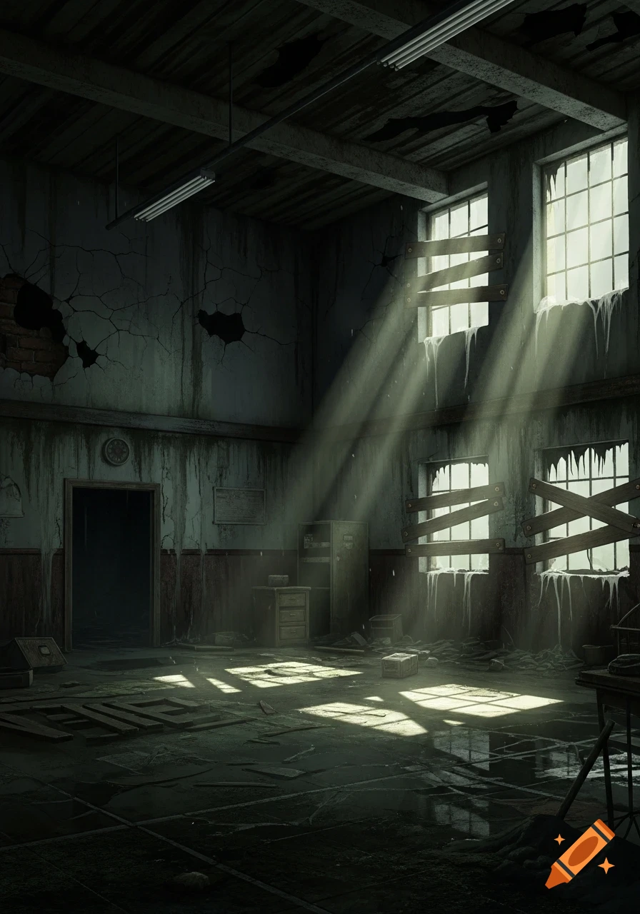 Sunlight streams through boarded-up windows into a decaying, abandoned warehouse room with cracked walls and debris.