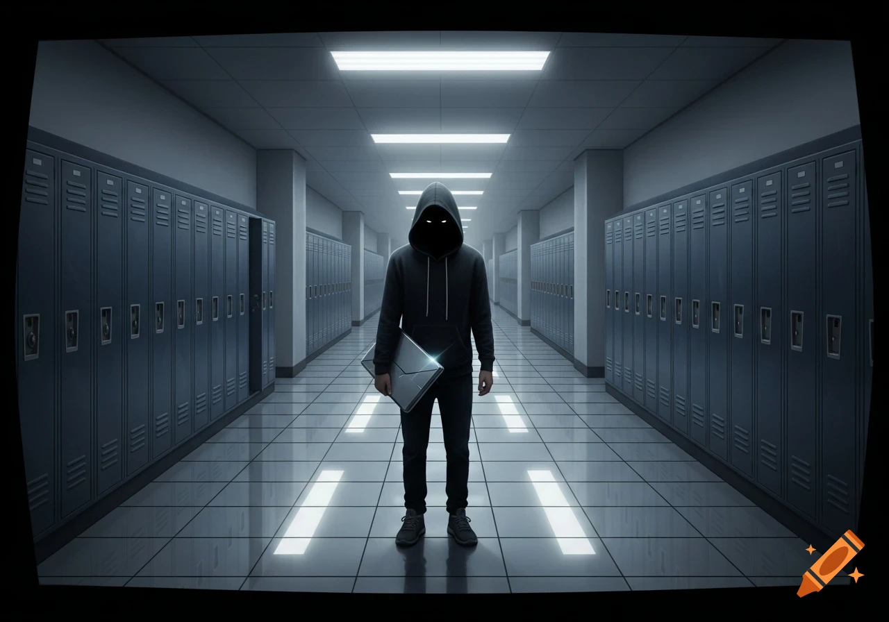 A mysterious hooded figure with glowing white eyes holds a laptop in a dimly lit school hallway lined with lockers.