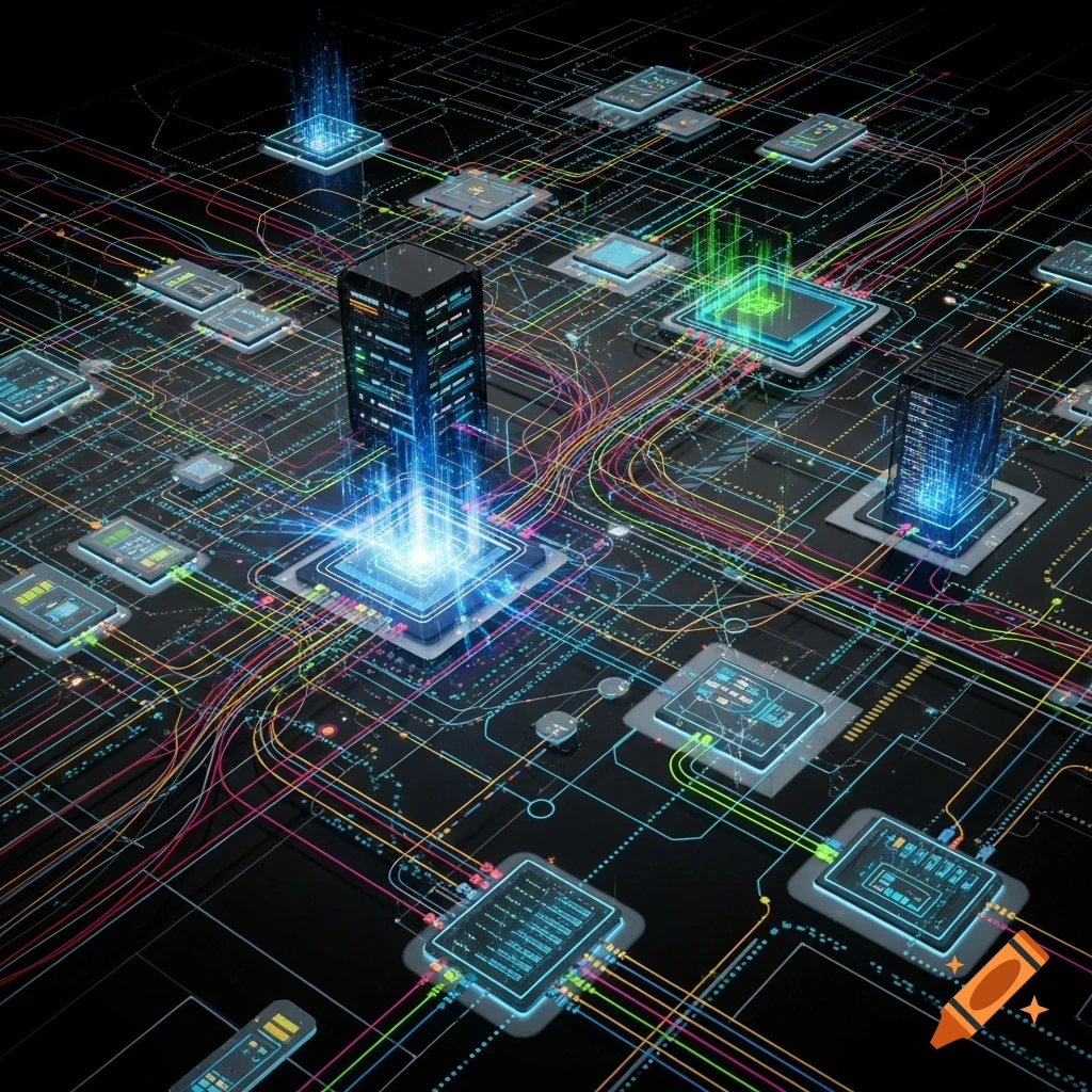 Intricate, glowing network of interconnected computer chips, servers, and data lines on a dark background.