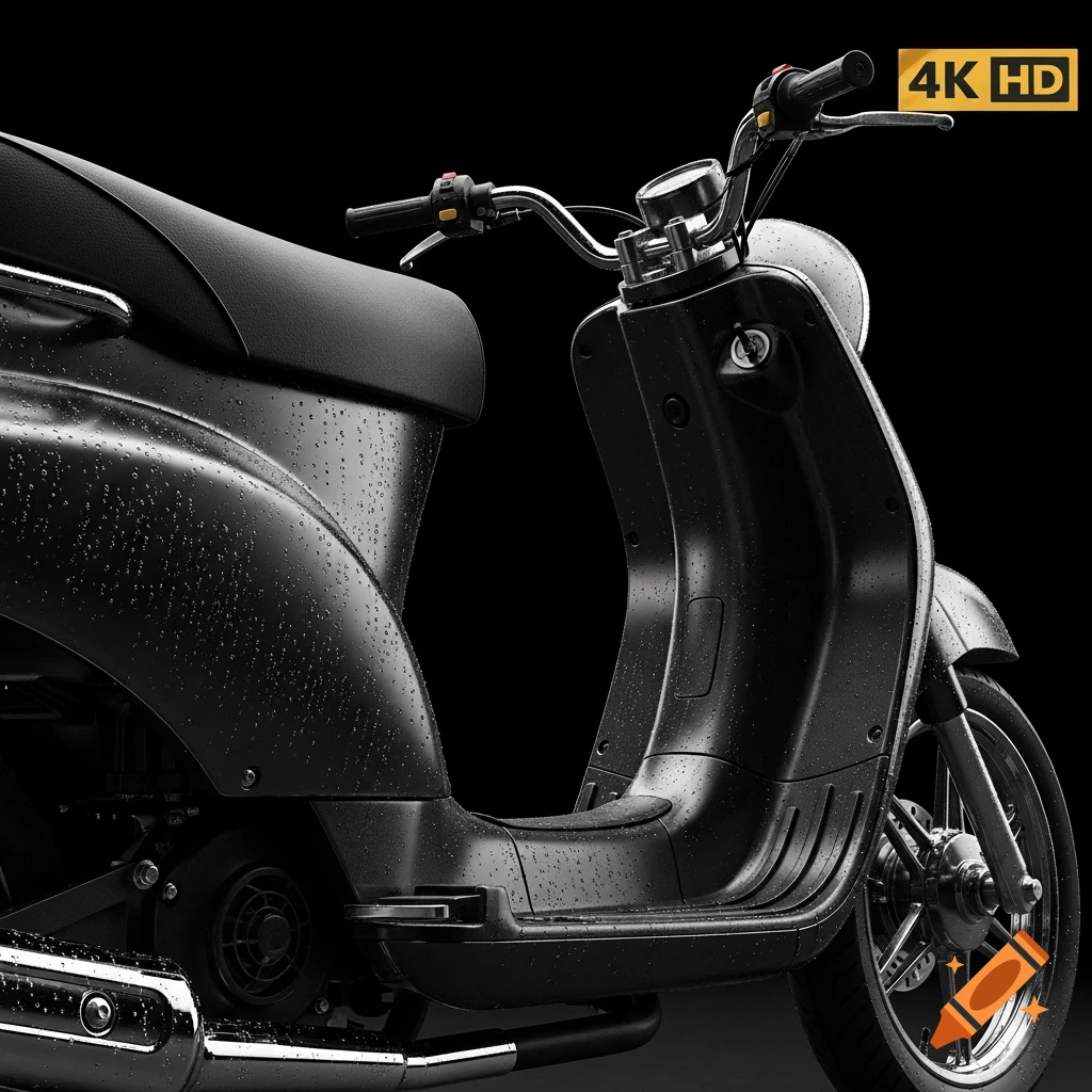 Close-up, angled shot of a black scooter covered in water droplets on a black background, photorealistic style.