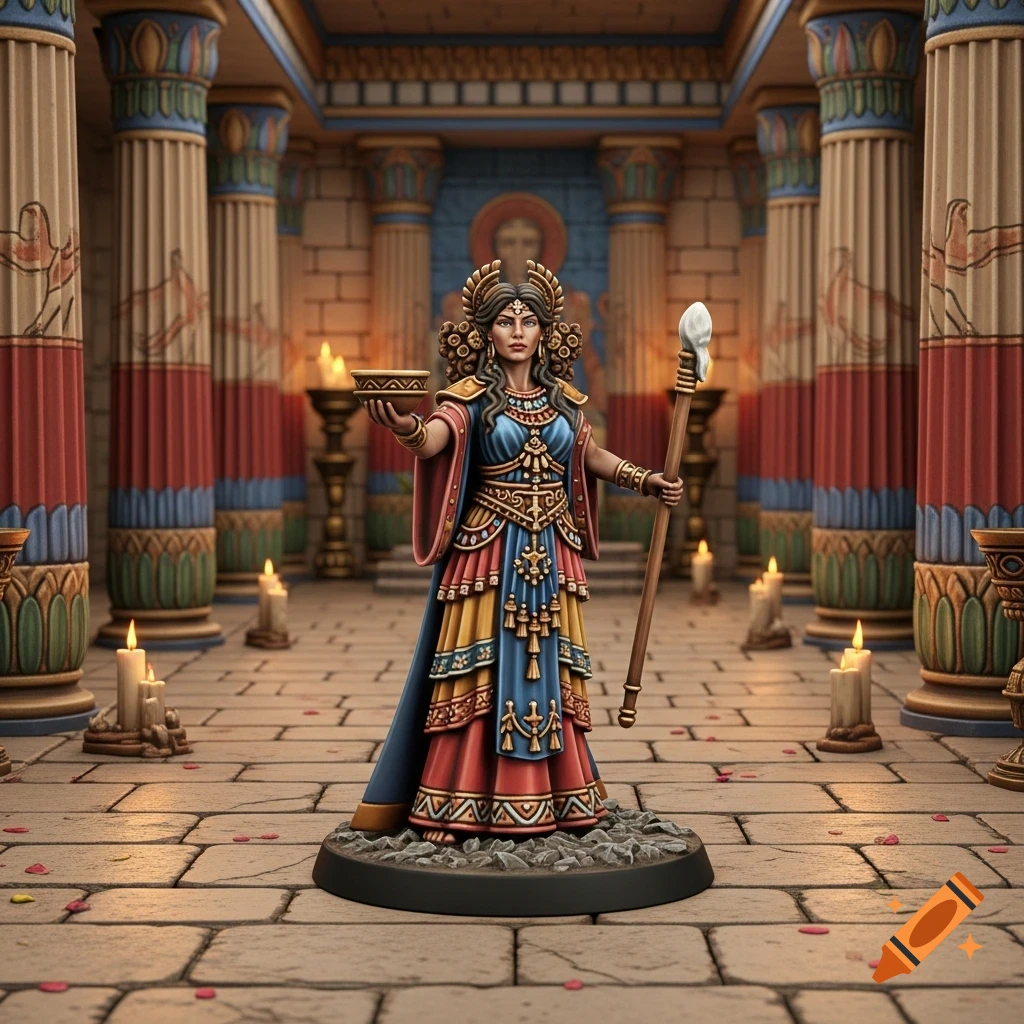 A painted tabletop miniature of a female Minoan priestess holding a burning bowl and a staff in an ancient temple.