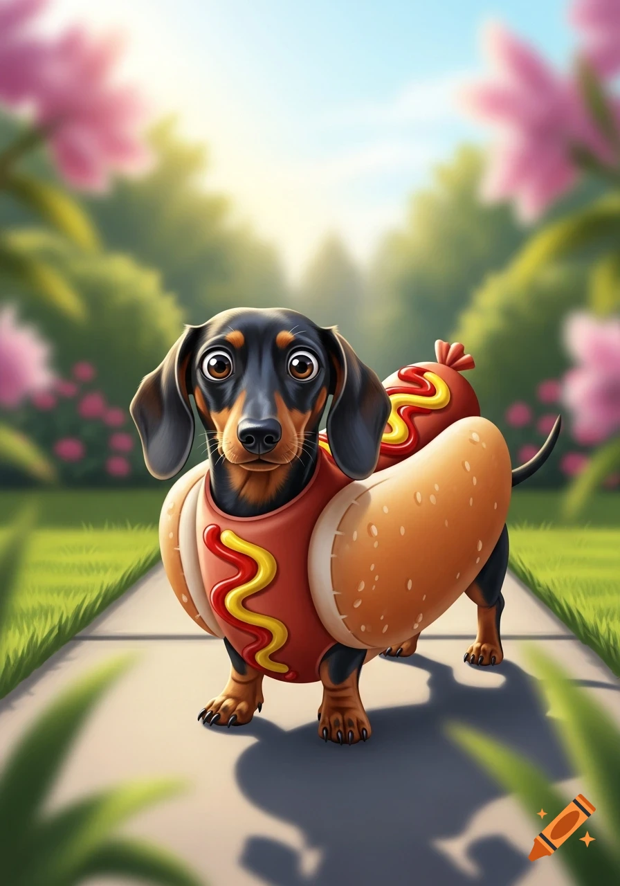 A wide-eyed dachshund dog wears a hot dog costume with mustard and ketchup on a path in a sunny park.