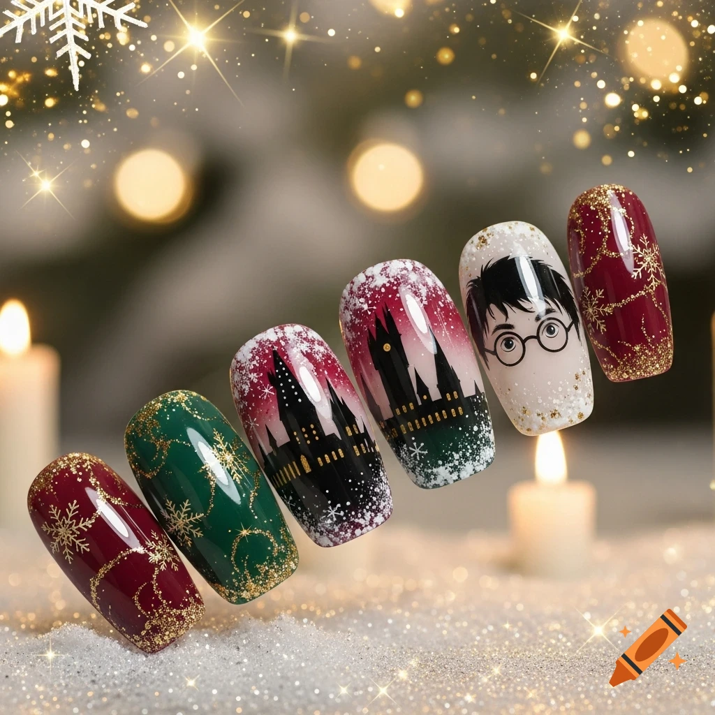 Close-up of six Christmas-themed artificial nails with Harry Potter designs, including Hogwarts castle and Harry's face, on a glittery snowy surface with blurred lights.