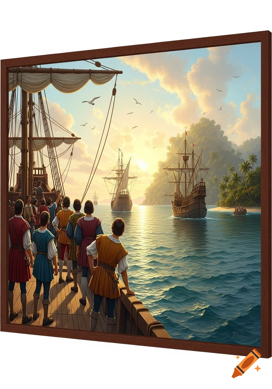 Historical painting of caravels sailing towards a tropical island at sunset, with sailors observing the coast.