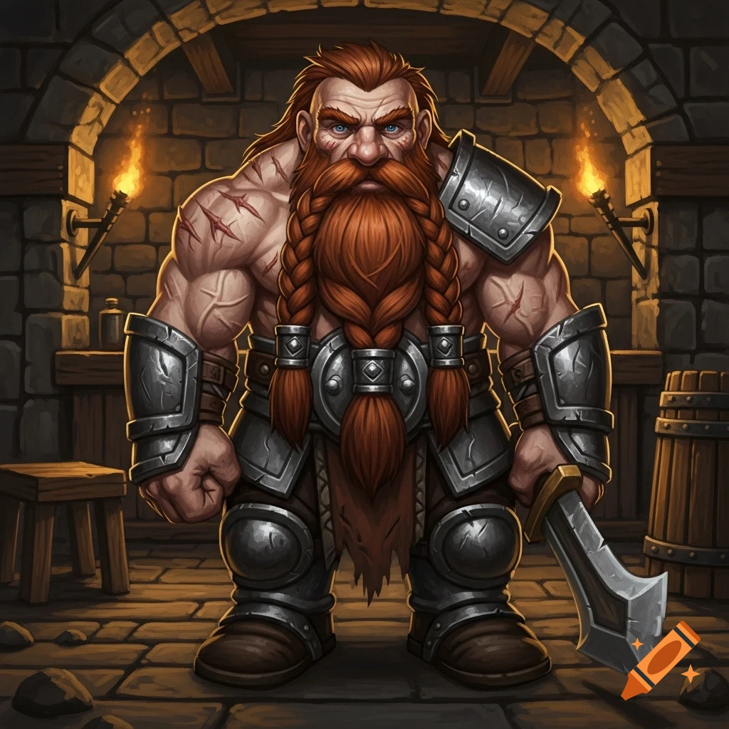 A muscular dwarf with a long, braided red beard, blue eyes, scars on his chest, wearing armor, and holding a sword in a stone dungeon.