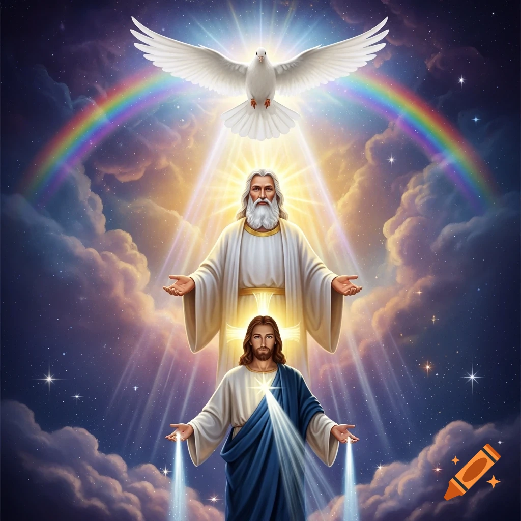Illustration of the Holy Trinity with God, Jesus, and a white dove enveloped in radiant light, clouds, stars, and a rainbow.