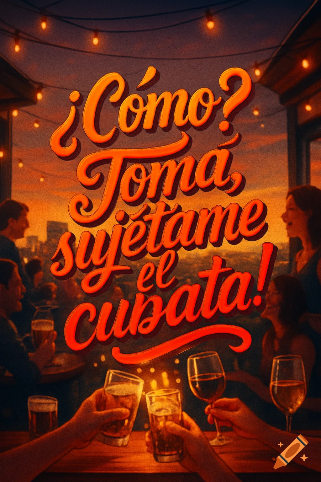 Stylized illustration of people toasting with drinks at a rooftop bar at sunset, with a city view. Large text reads "¿Cómo? ¡Toma, sujétame el cubata!"