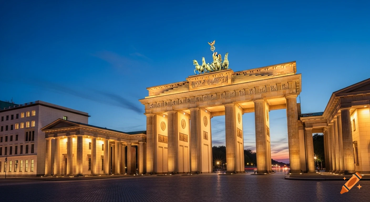 The Brandenburg Gate illuminated at twilight against a deep blue sky, featuring its iconic neoclassical architecture and the Quadriga statue.