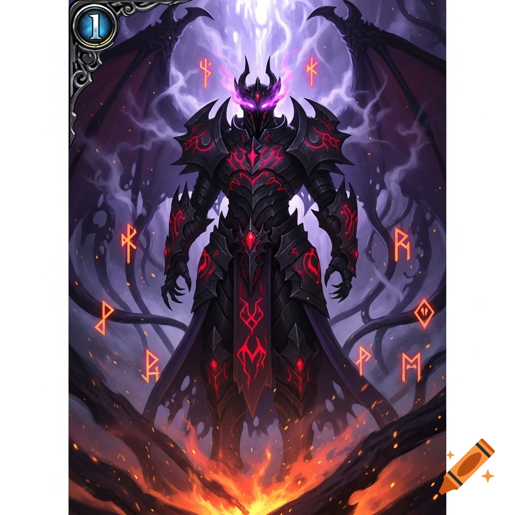 A demonic Dark Lord in spiked black and red armor with glowing purple eyes and wings stands over fire, surrounded by glowing runes.