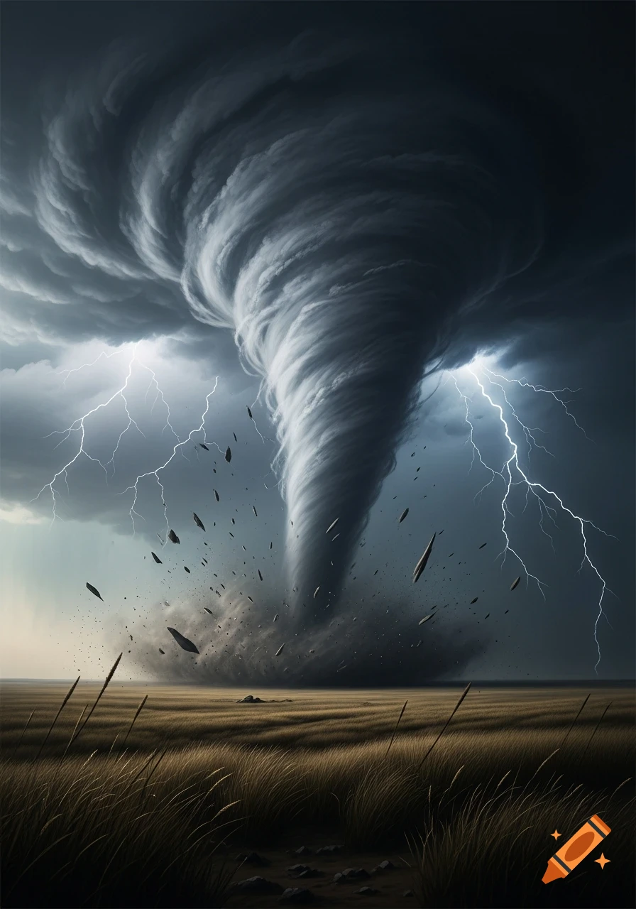 A massive tornado twists above a field, accompanied by lightning in a dark, stormy sky.