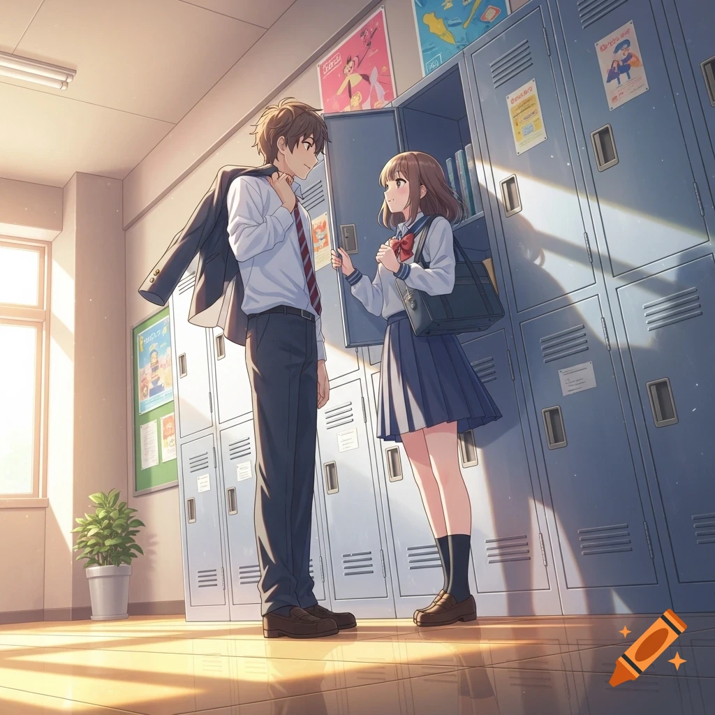 Anime boy and girl talking by school lockers in a sunlit hallway.