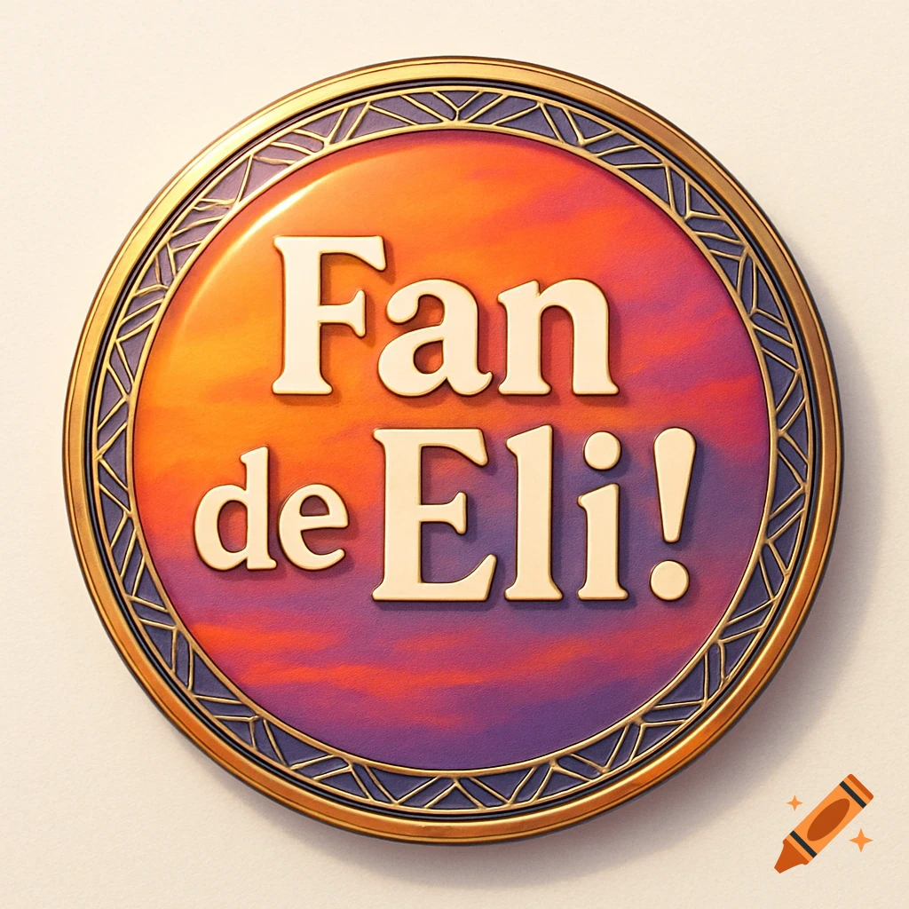 A round golden badge with a purple and orange gradient center, embossed with 'Fan de Eli!' text and an ornate border.