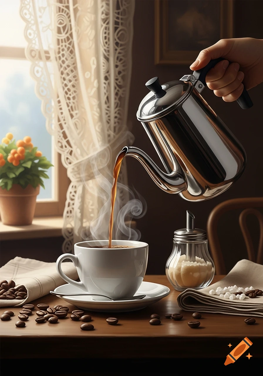 A hand pours hot coffee from a silver pot into a white cup on a wooden table, surrounded by coffee beans and sugar. Bright window light filters through lace curtains.
