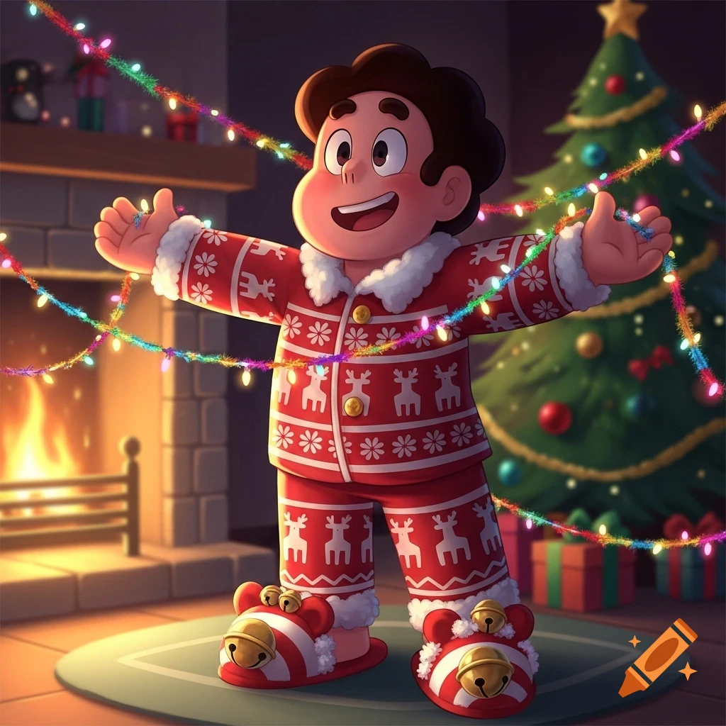 Steven Universe in red Christmas pajamas and reindeer slippers, holding colorful lights in a cozy room with a fireplace and Christmas tree.