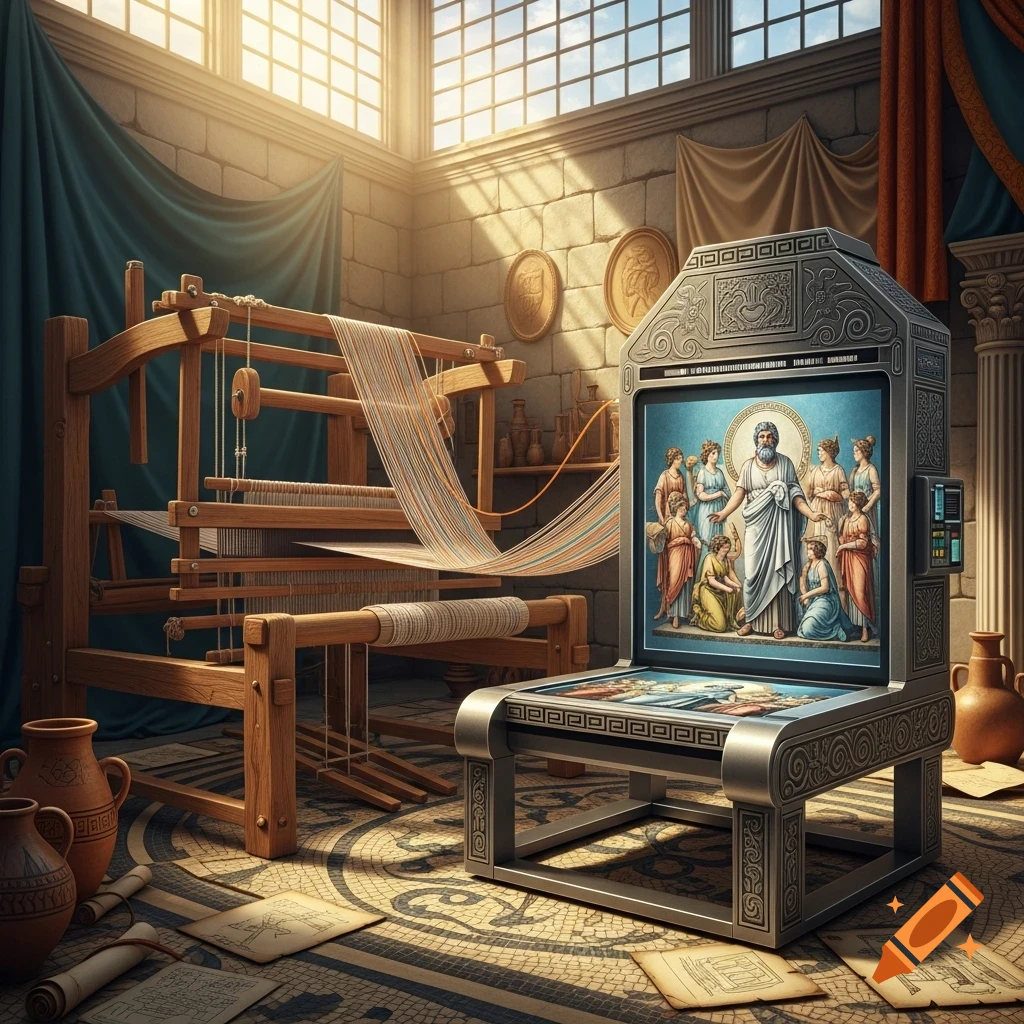 A surreal scene depicting a traditional wooden weaving loom next to an ancient-themed arcade machine displaying classical Greek art in a sunlit stone room.