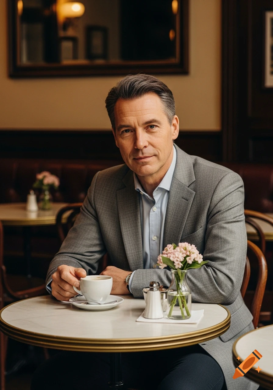 A man in a grey suit jacket sips coffee at a marble table in a warm, elegantly lit cafe.