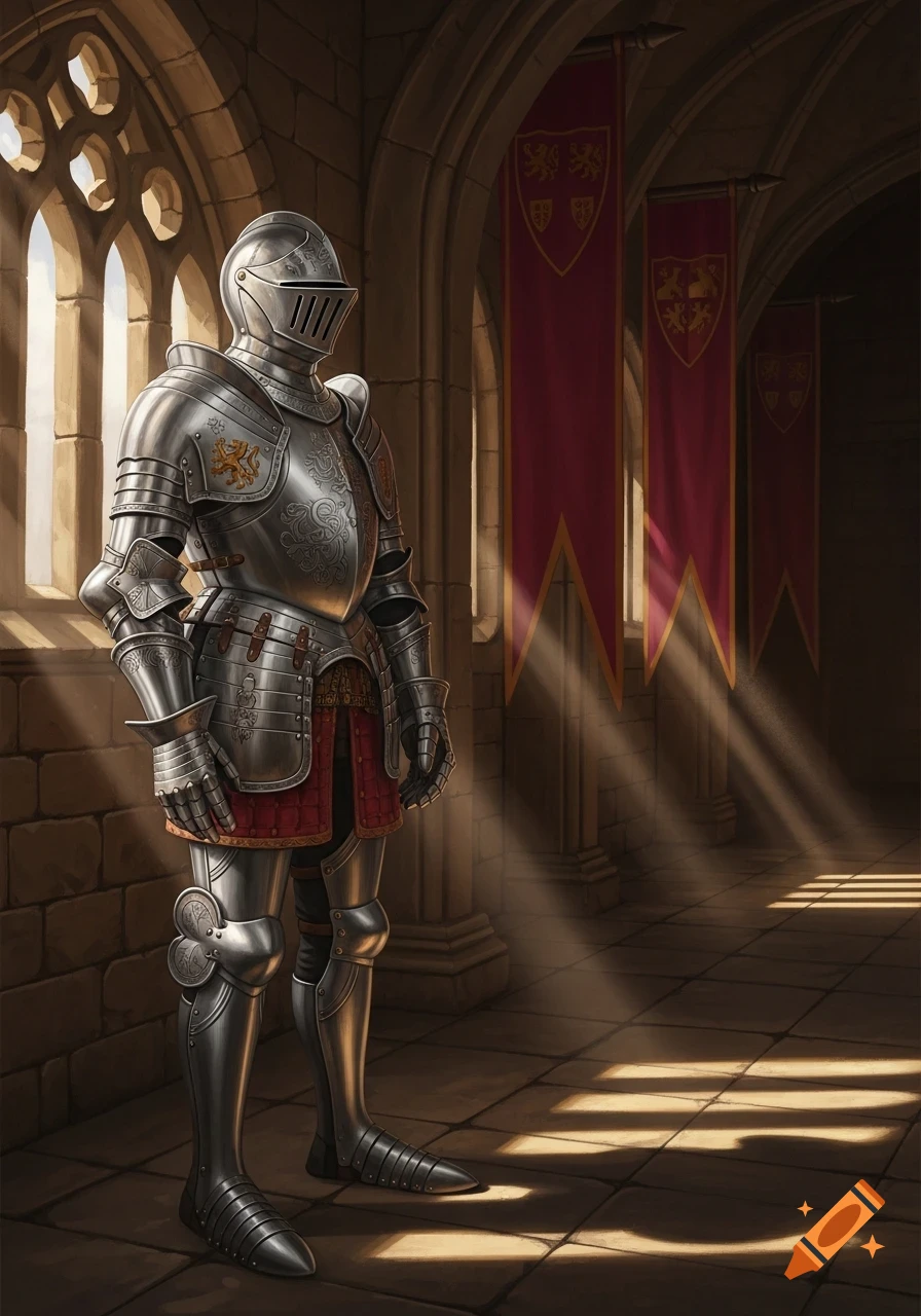 A shining silver suit of medieval armor stands in a sunlit castle hall with red banners featuring crests.