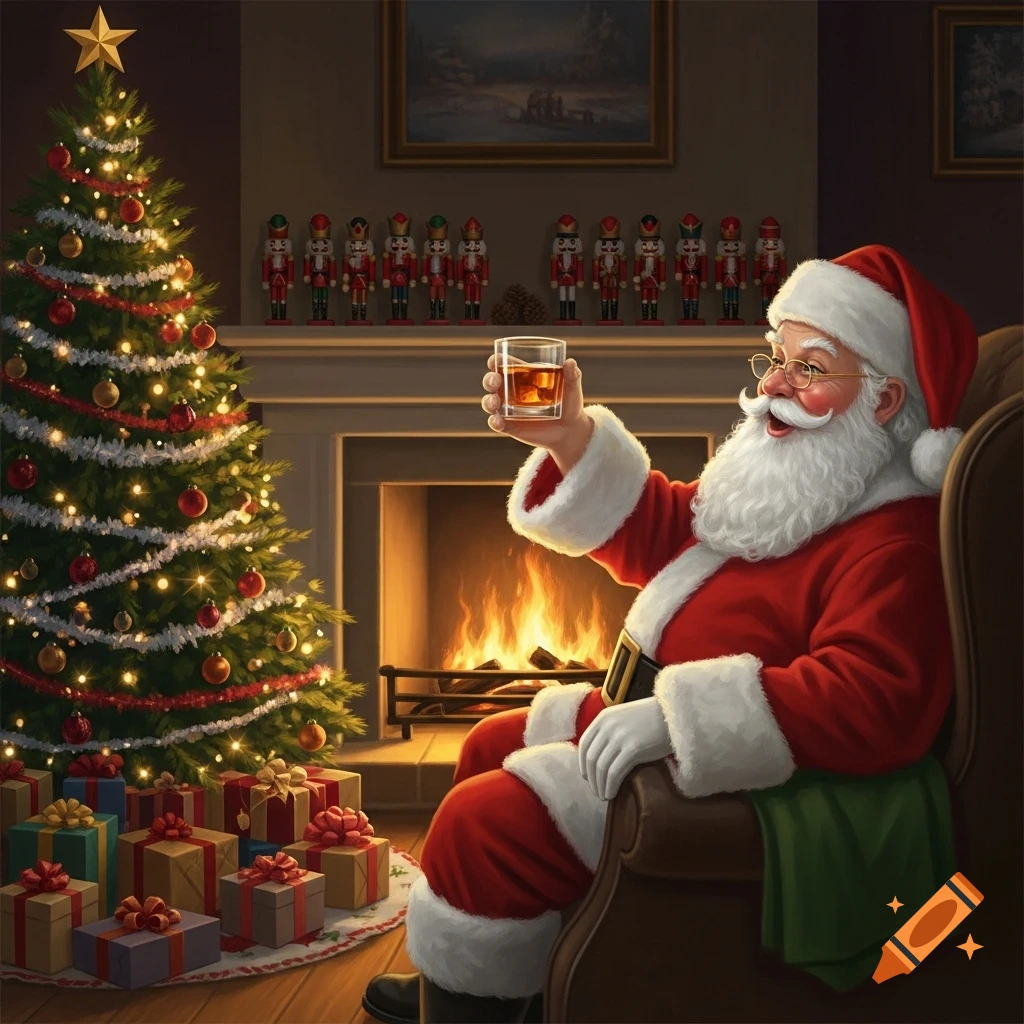 Santa Claus sits in an armchair by a cozy fireplace and decorated Christmas tree, holding up a glass of amber liquid.