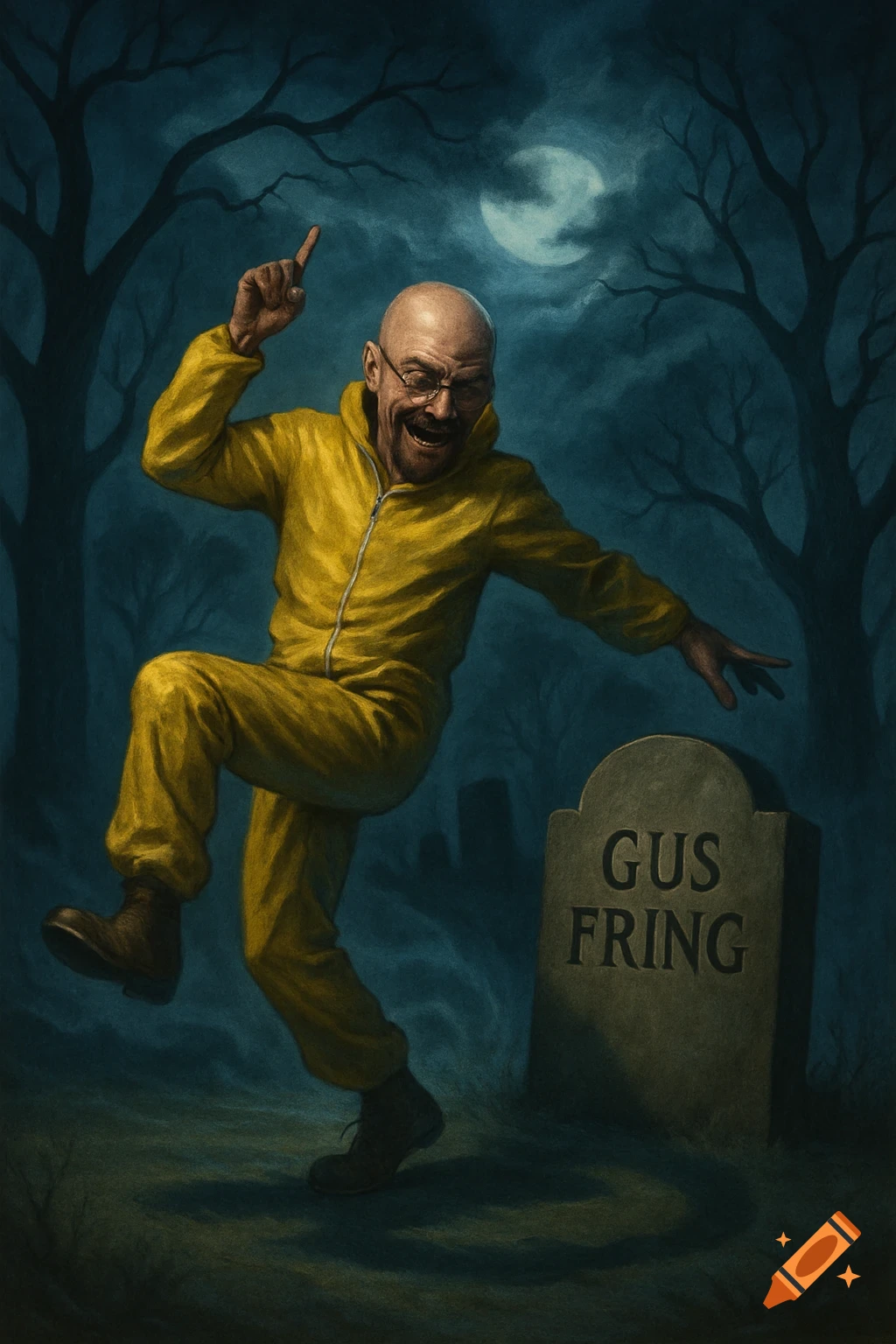 Stylized illustration of Walter White in a yellow hazmat suit dancing energetically in a dark graveyard at night, next to a gravestone for Gus Fring, with bare trees and a full moon in the background.