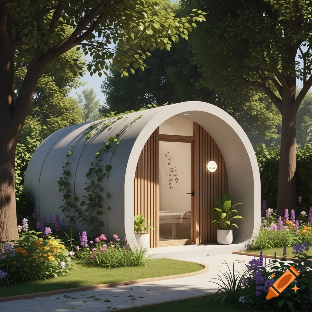 A small, modern, cylindrical pod with a wooden-slatted entrance sits in a lush garden with trees and colorful flowers, on a sunny day.