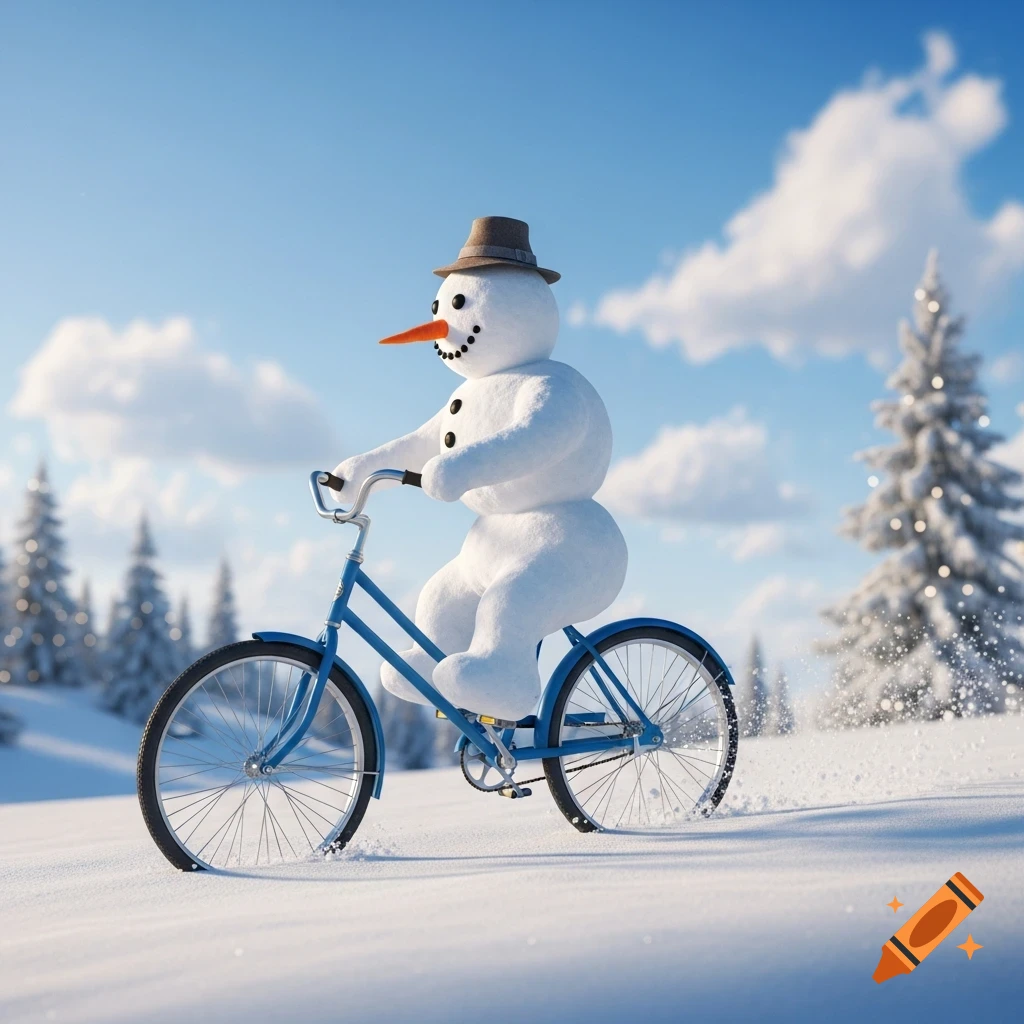 A snowman in a hat rides a blue bicycle through a snowy landscape with evergreen trees under a bright blue sky.
