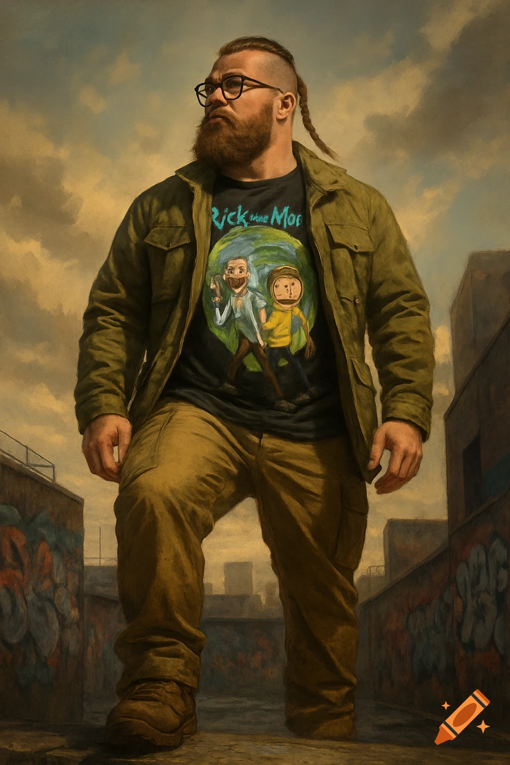 Digital painting of a bearded man with a braid, glasses, and a Rick and Morty t-shirt, standing in an urban setting.
