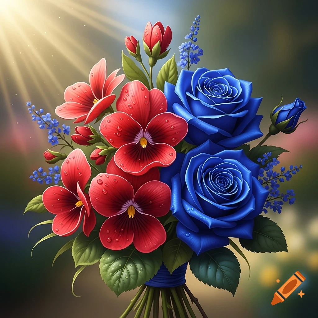 A vibrant bouquet featuring detailed red violets and blue roses with water droplets, illuminated by sun rays.