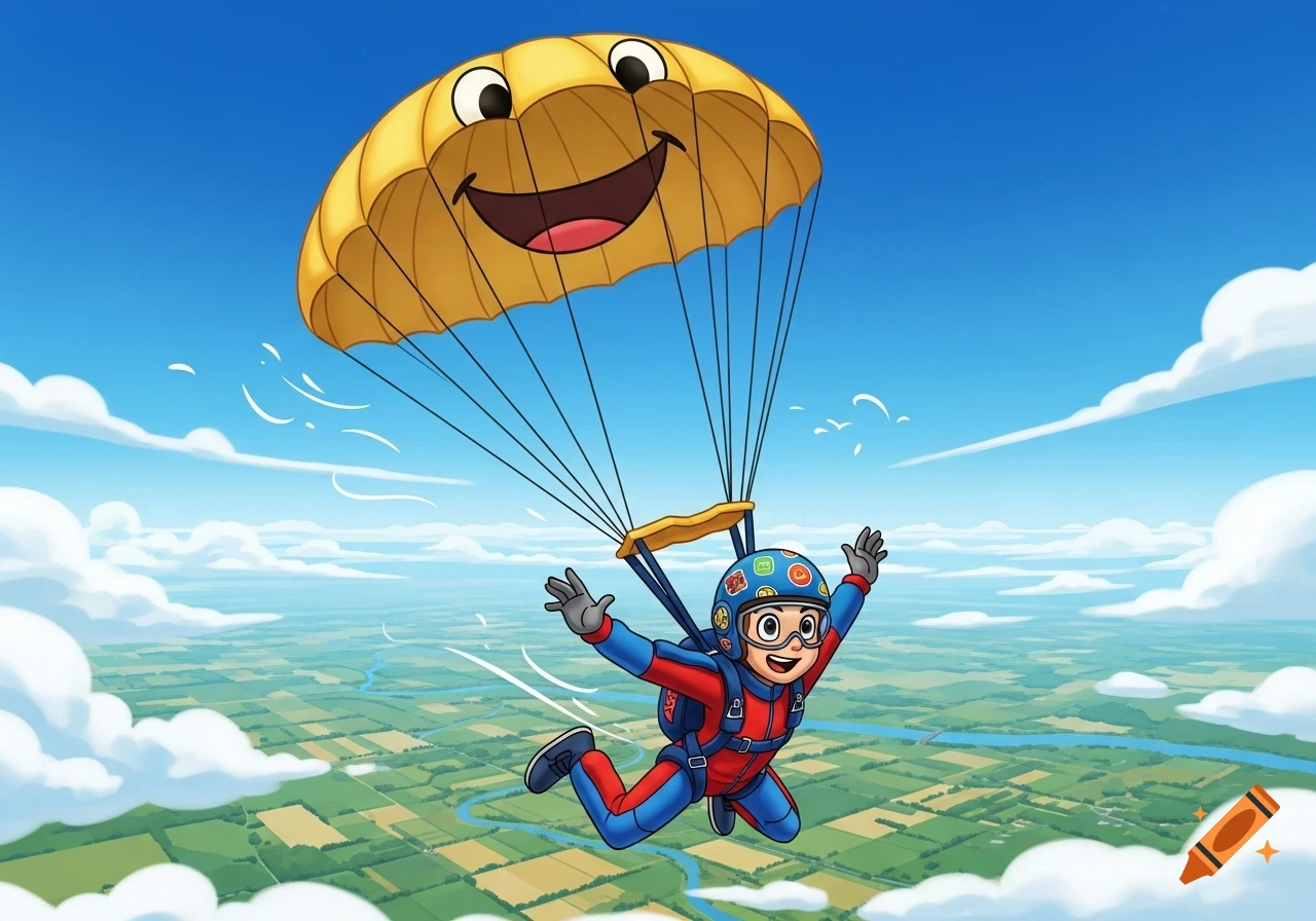 A happy cartoon child skydiver in a red and blue suit floats high above a green landscape, guided by a smiling yellow parachute.