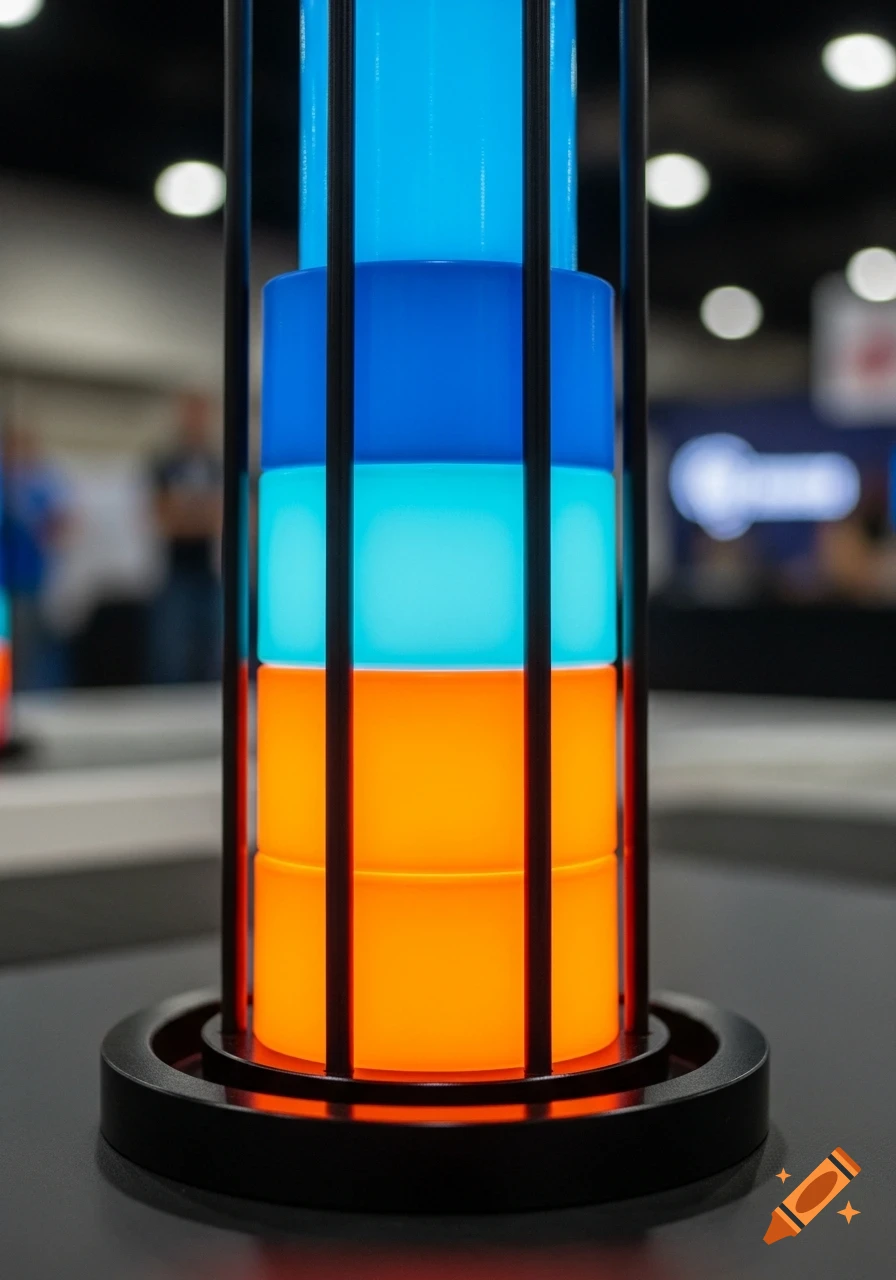 Low-angle close-up of four stacked glowing cylinders, two blue and two orange, in a black holder.