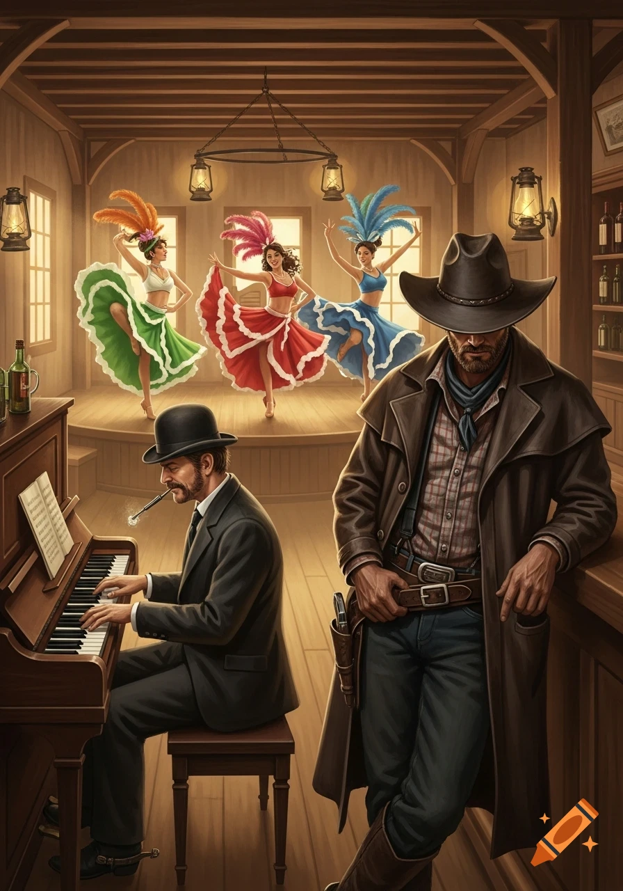 A stylized painting of a bustling old west saloon with three can-can dancers on a stage, a pianist playing, and a cowboy leaning on the bar.