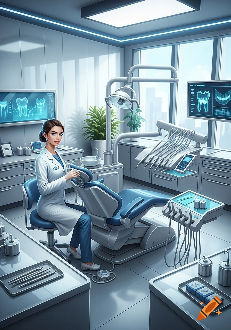 A female dentist in a white lab coat and blue scrubs sits on a chair in a modern, clean dental office. Dental equipment and monitors showing teeth scans are visible in the bright room with large windows.